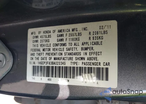 2011 Honda Accord 3.5 Ex-L из США, поврежденный, VIN 1HGCP3F83BA020345